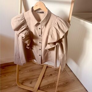 SHEIN Taupe Ruffle Button-Up Blouse